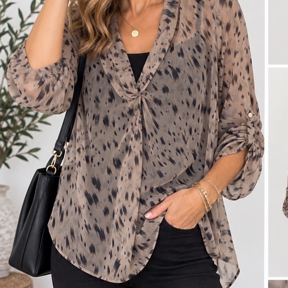 Tempo Paris Sheer Abstract Animal Print V-Neck Ruched Sleeve Blouse Taupe Large
